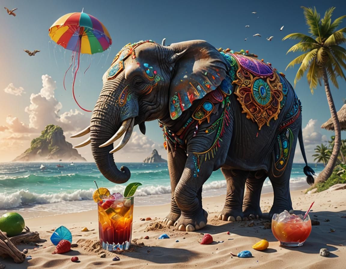 Multicolor Elephant Sipping Cocktail on Beach, Detailed Pain...