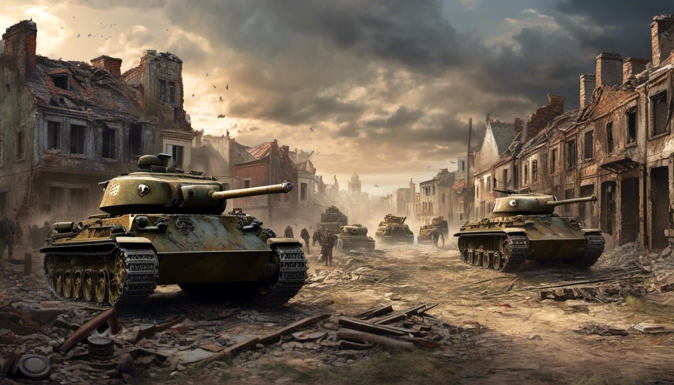 American Tanks in Ruined City During World War II