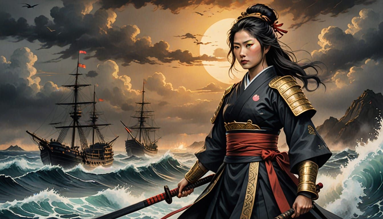 Tsuruhime on Warship in Sumi-e Style