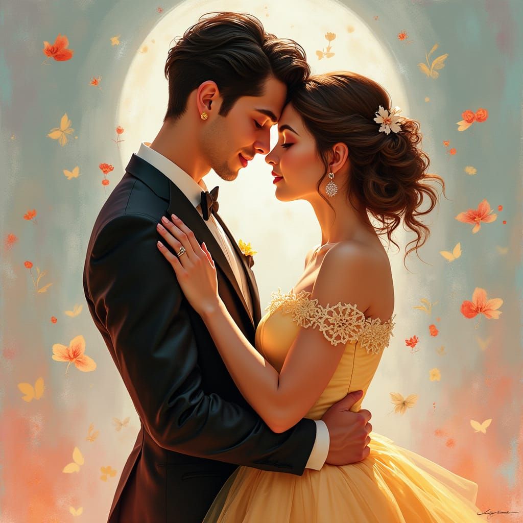 Romantic Couple's Transcendent Embrace in Dreamy Illustratio...