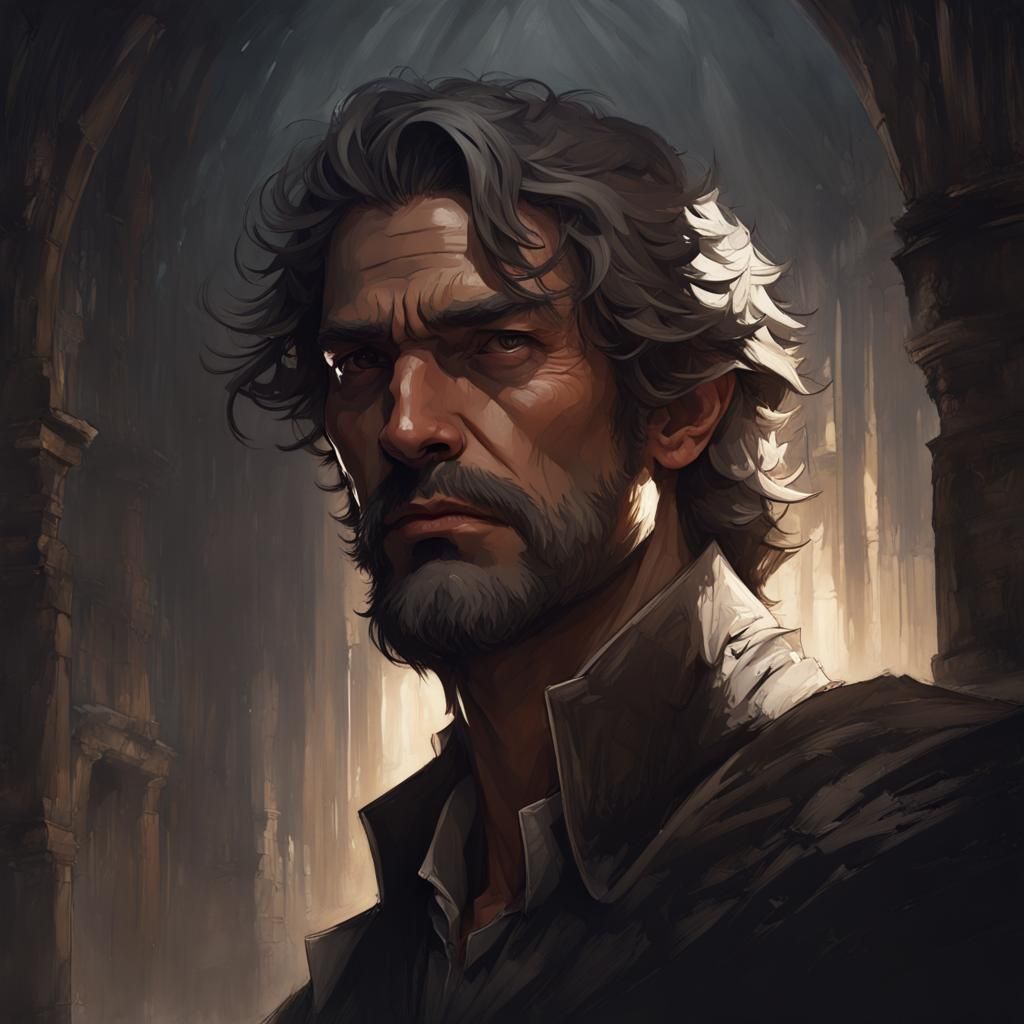 Powerful Man in Dark Dungeon: Hyperdetailed Portrait