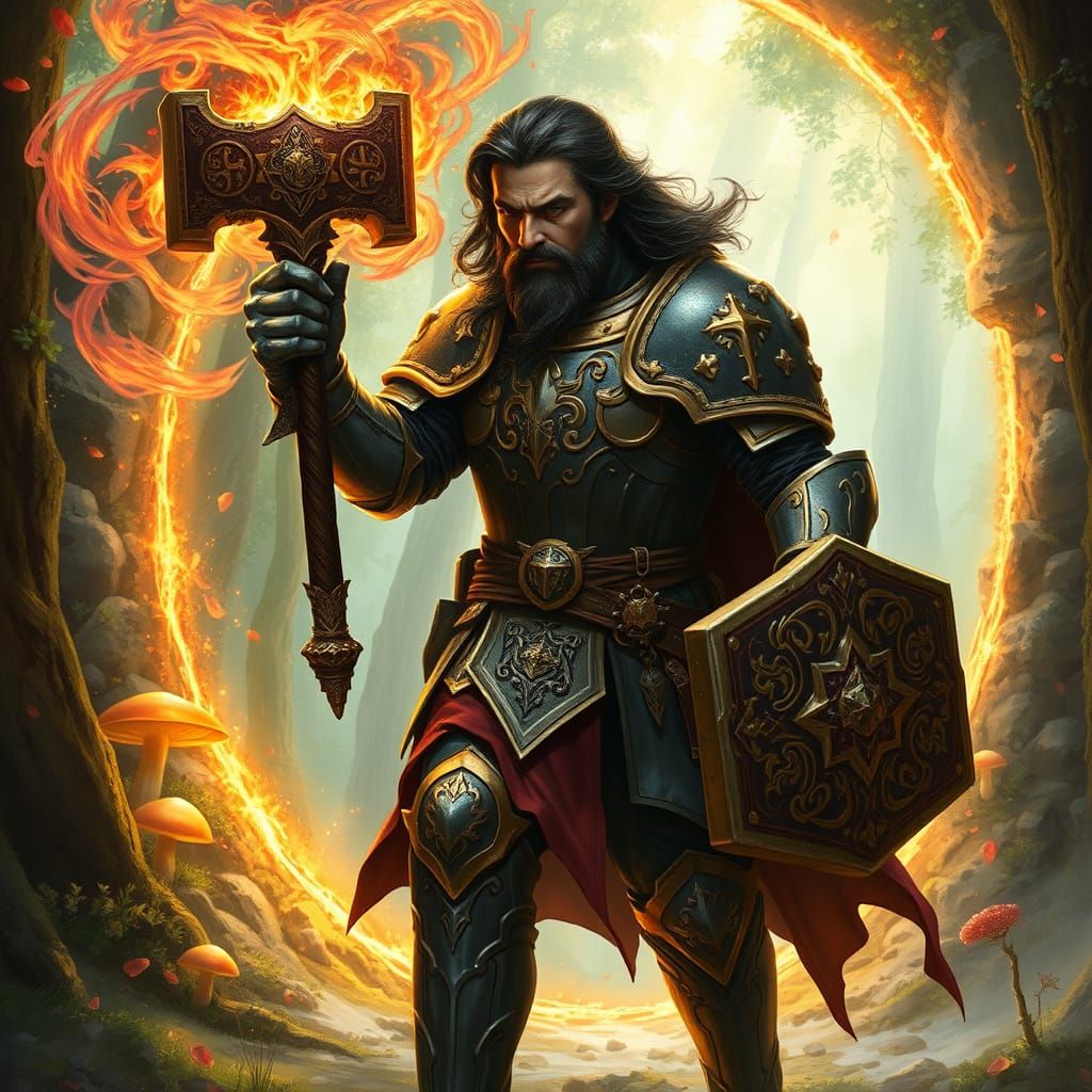 Dark-Haired Forge Cleric Wields War Hammer in Mithril Armor,...