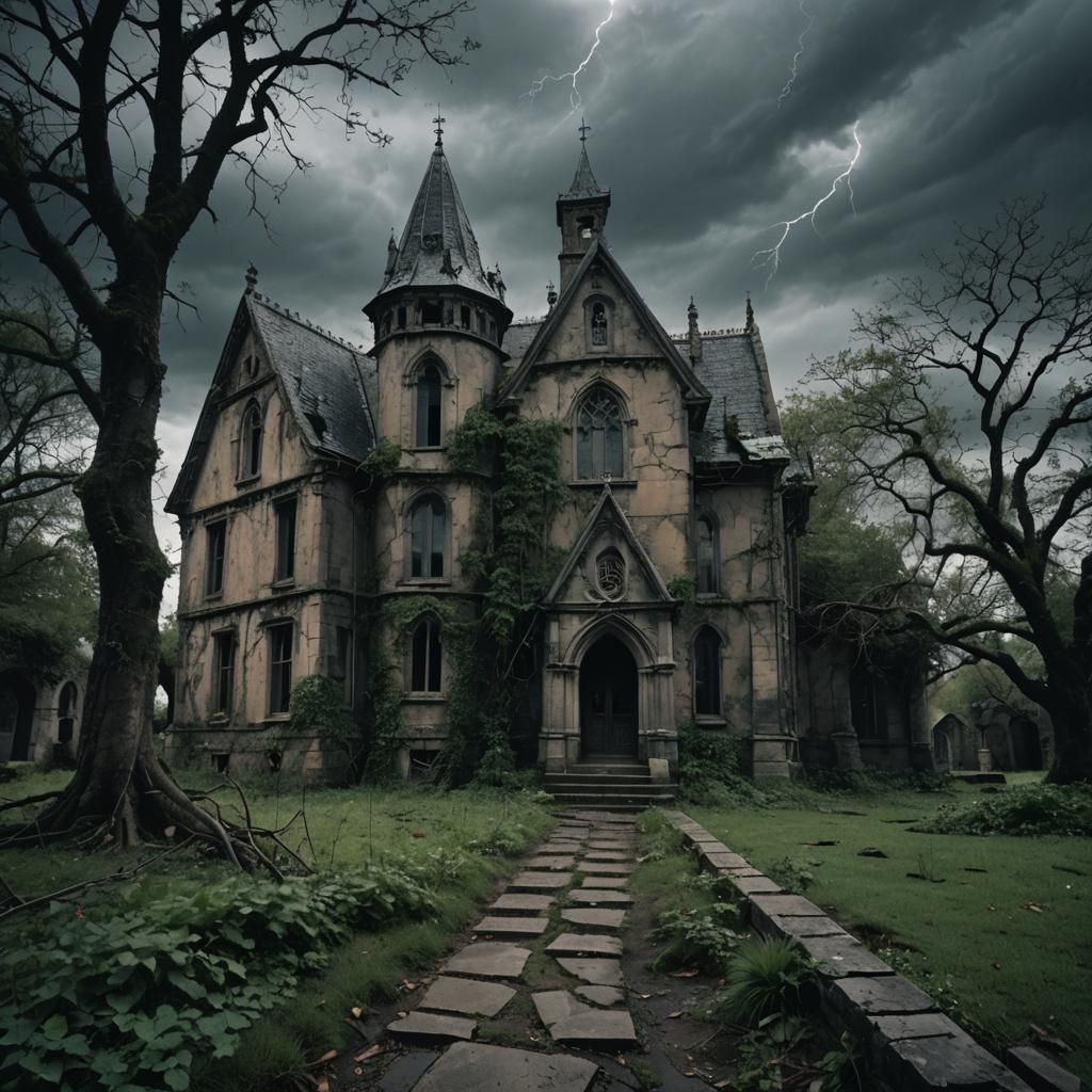 Dramatic Gothic House with Lightning, Cinematic Film Still