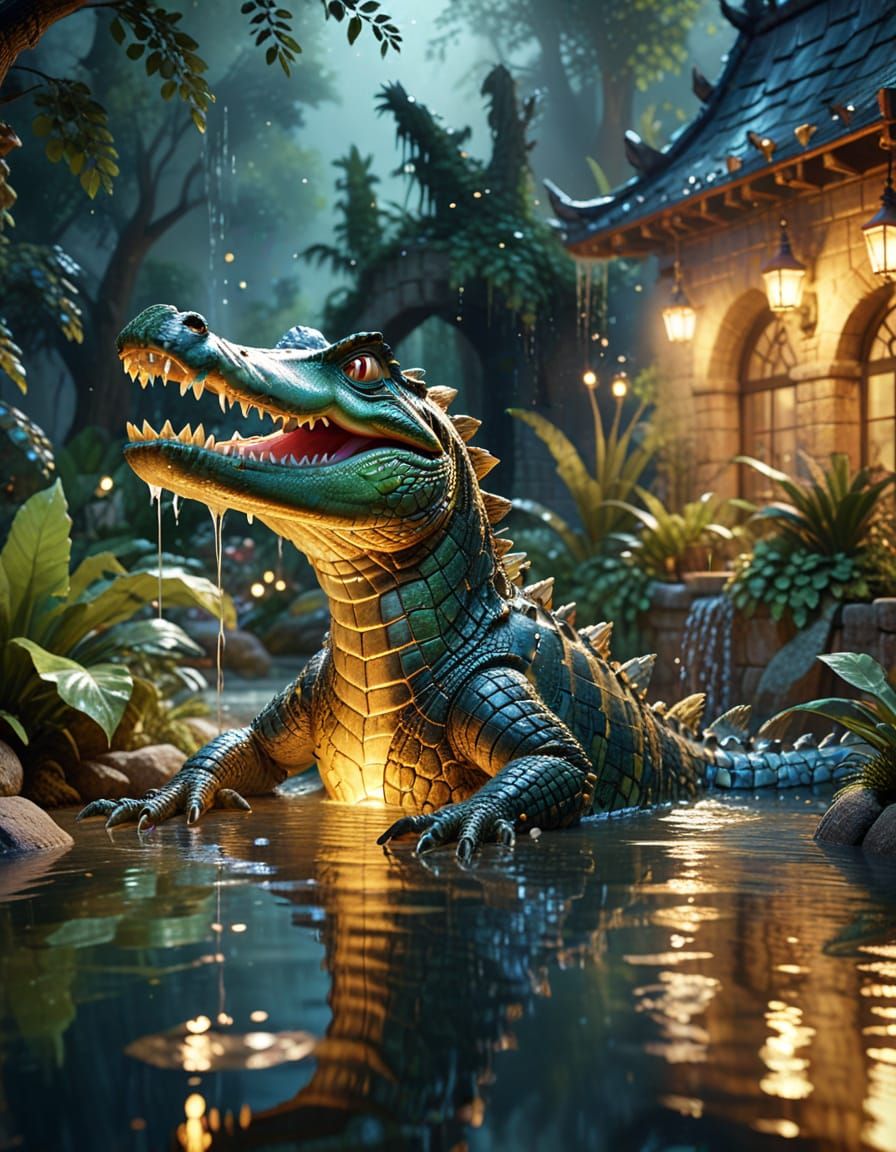 Crocodile Fountain in Moonlit Courtyard: Surreal Fantasy Art