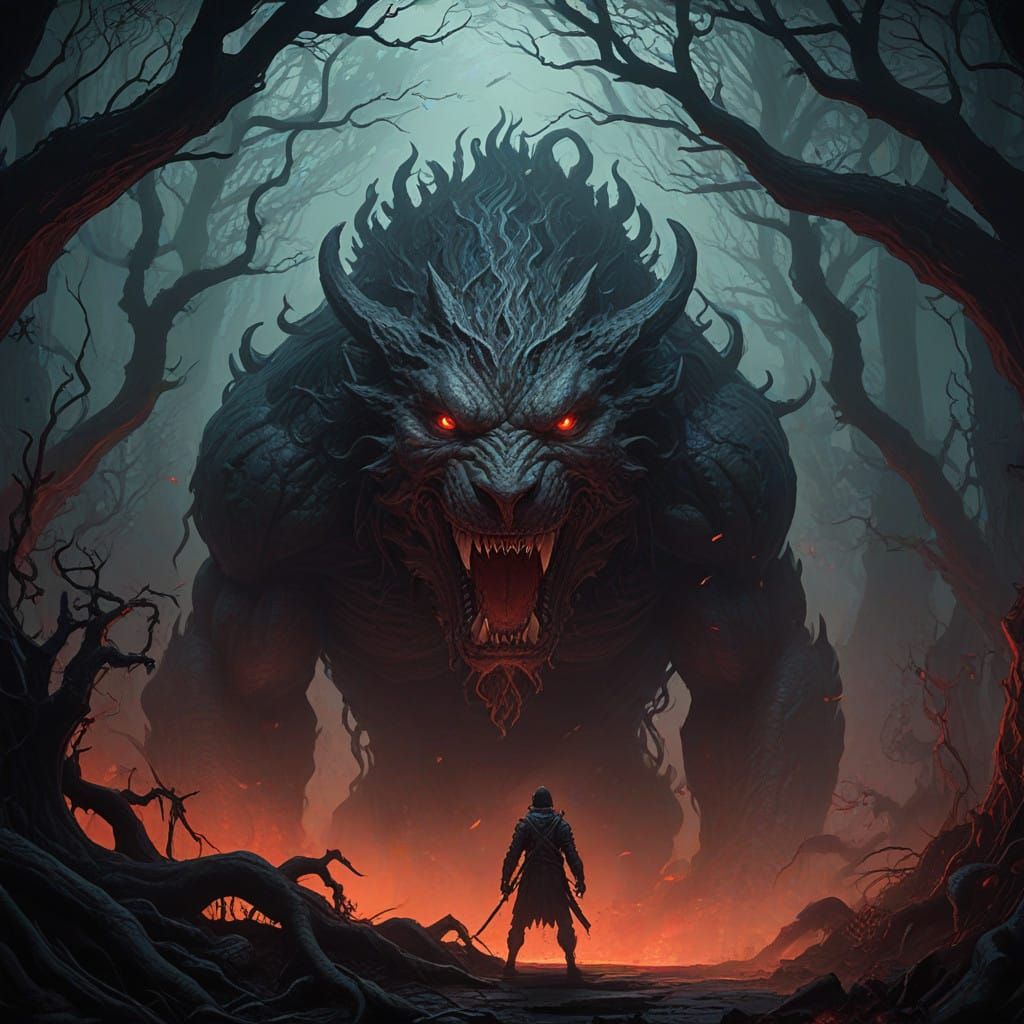 Giant, Three-Headed Underworld Beast in Dark, Moody Landscap...