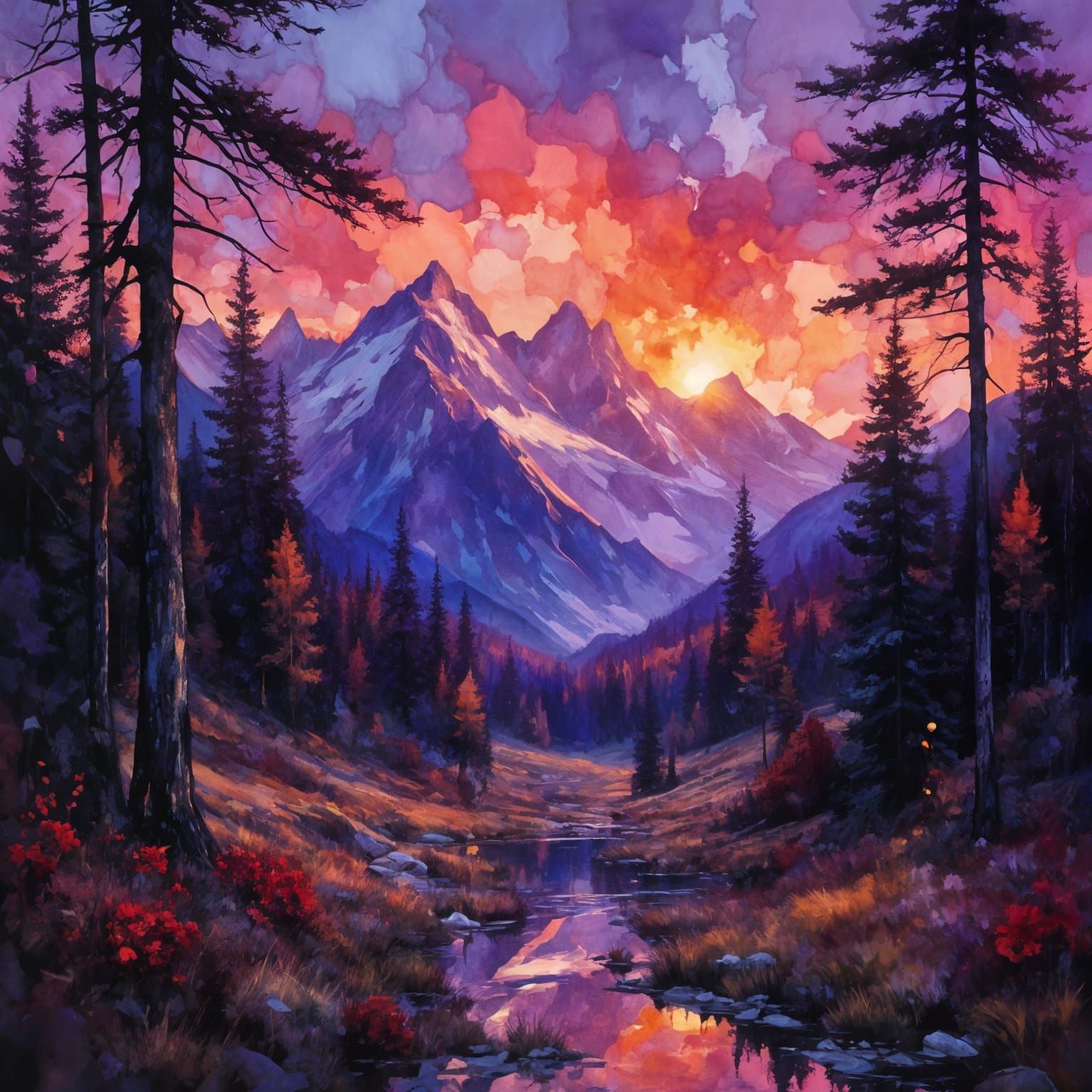 Sunrise Over Rose Tinted Mountain in Deep Forest