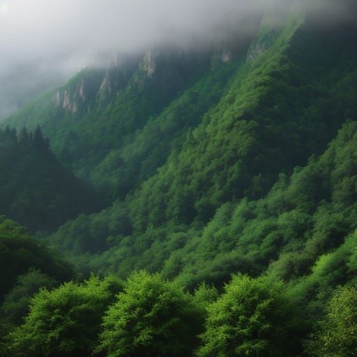 Hyperrealistic Mountain with Lush Green Foliage
