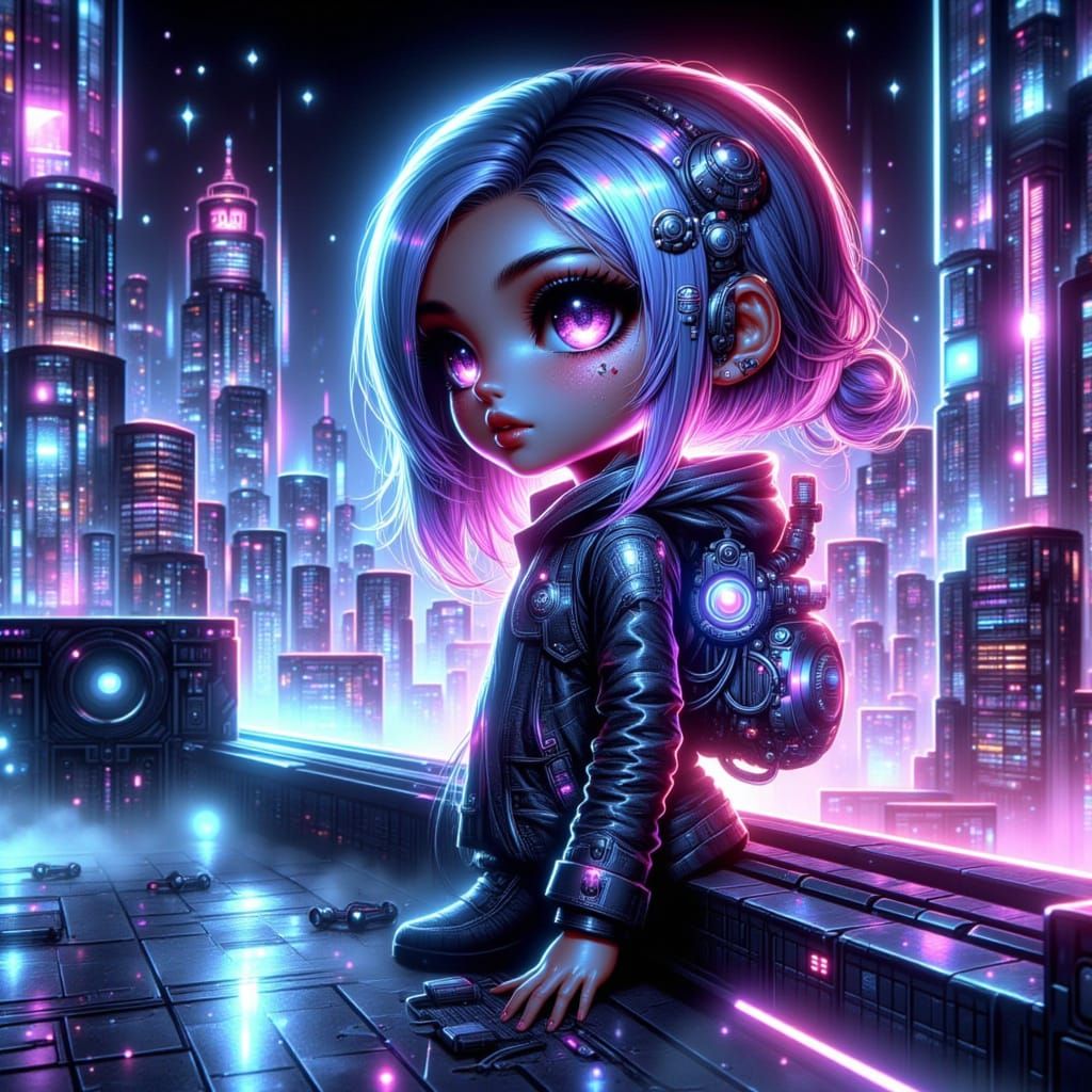 Cyberpunk Chibi Girl on Neon Rooftop with Robotic Backpack