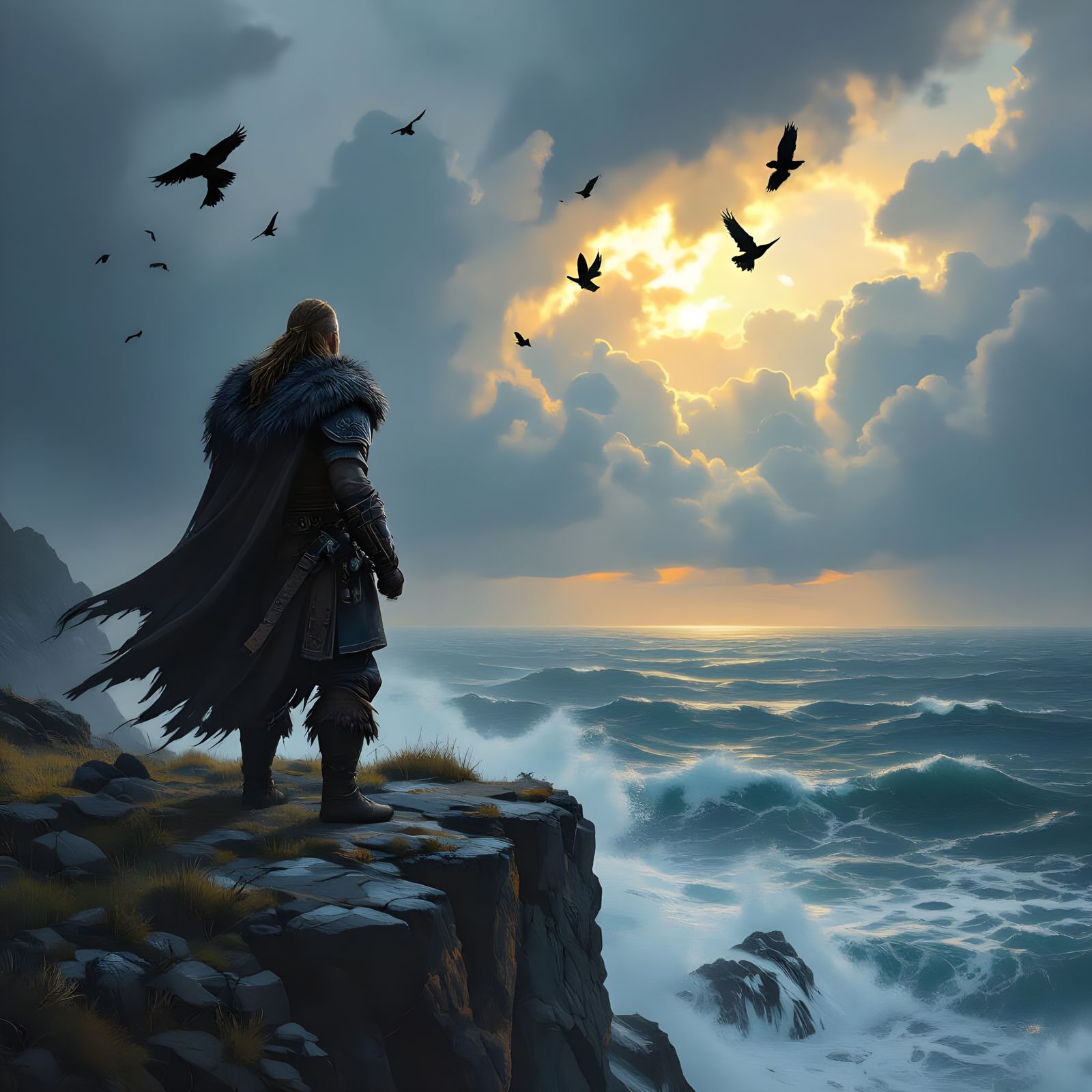 Viking Warrior on Stormy Cliff in Fantasy Art Style