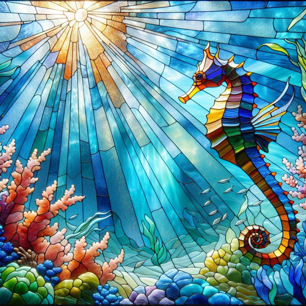 Ethereal Stained Glass Seahorse Amidst Vibrant Coral Reef