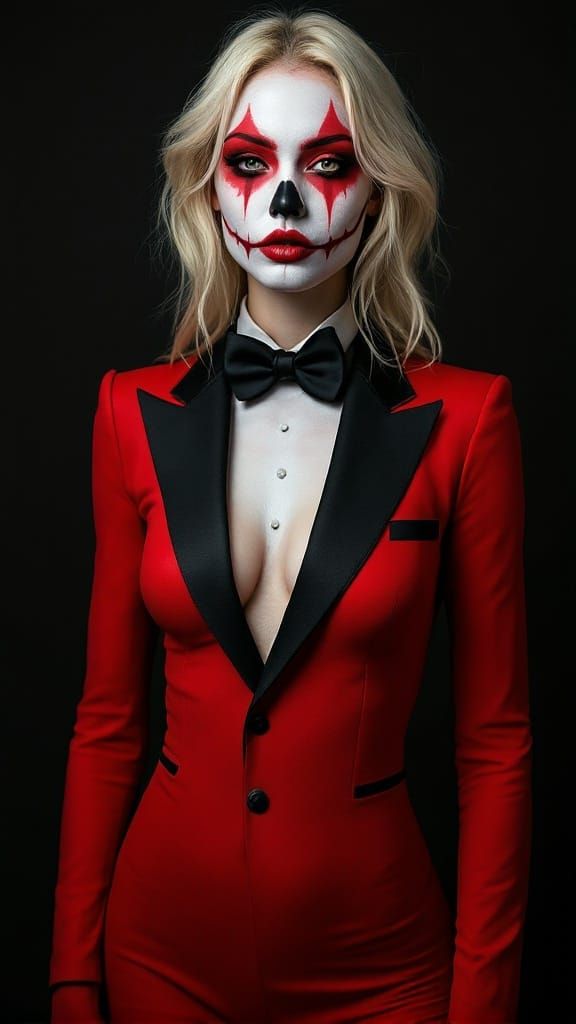 Vibrant Red Devil Portrait in Intricate Body Paint