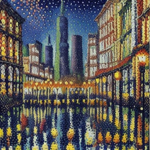 Pointillist Cityscape with Birds in Bokeh