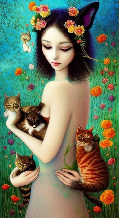 Lady with Cats in Embroidered Lace Garden