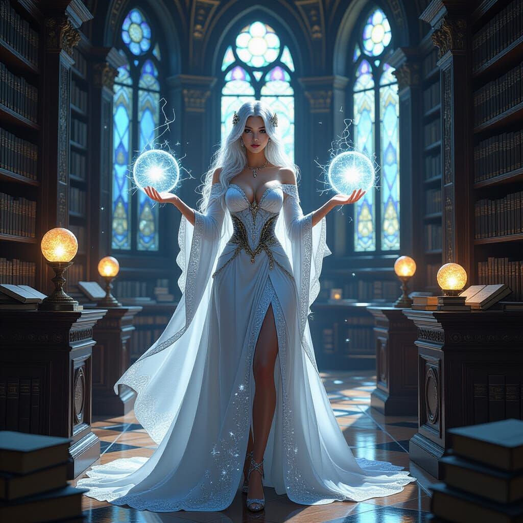 Silver-Haired Sorceress in Grand Library, Hyperrealistic Fan...