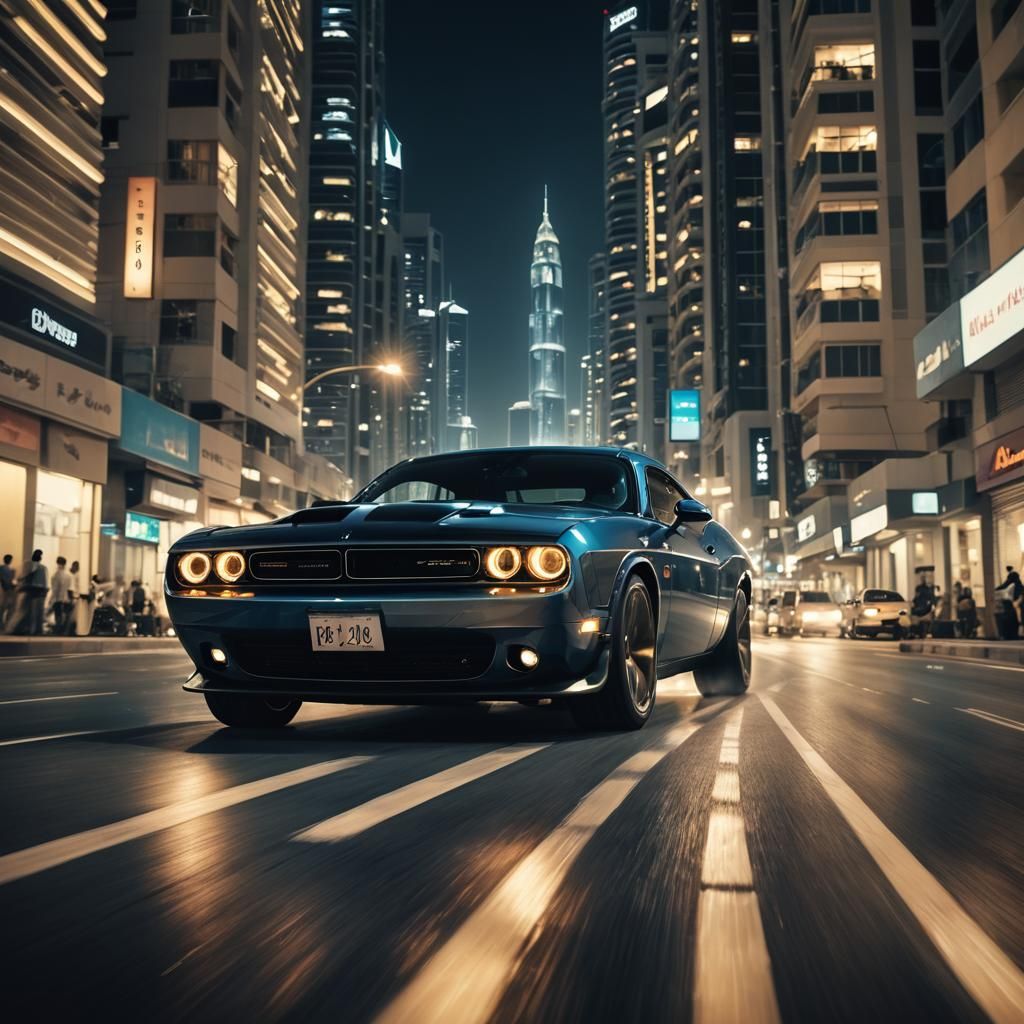 Dodge Challenger Drifting in Dubai Night, Cinematic Style