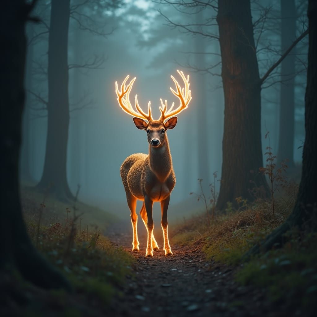 Eerie Glowing Deer in Dark Fantasy Forest