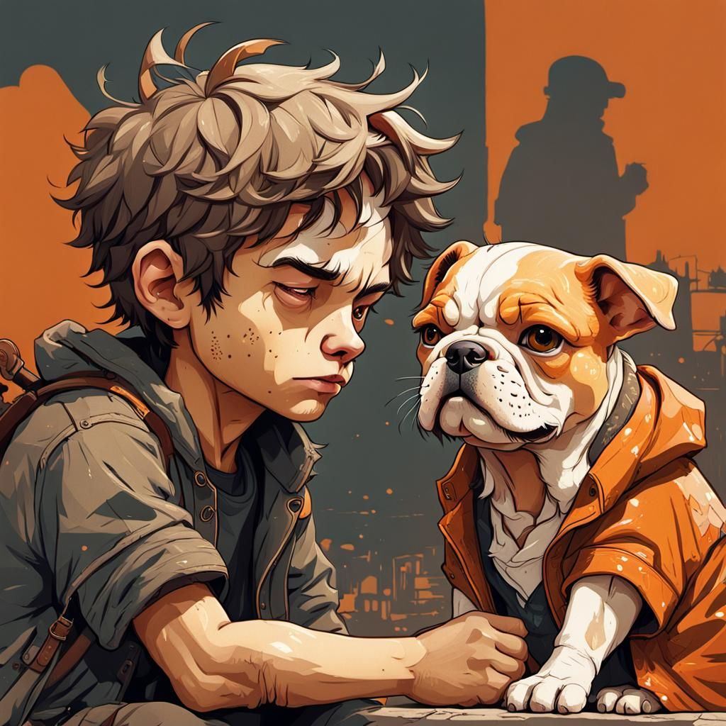 Homeless Boy Petting Bulldog: Hyperrealistic Digital Art