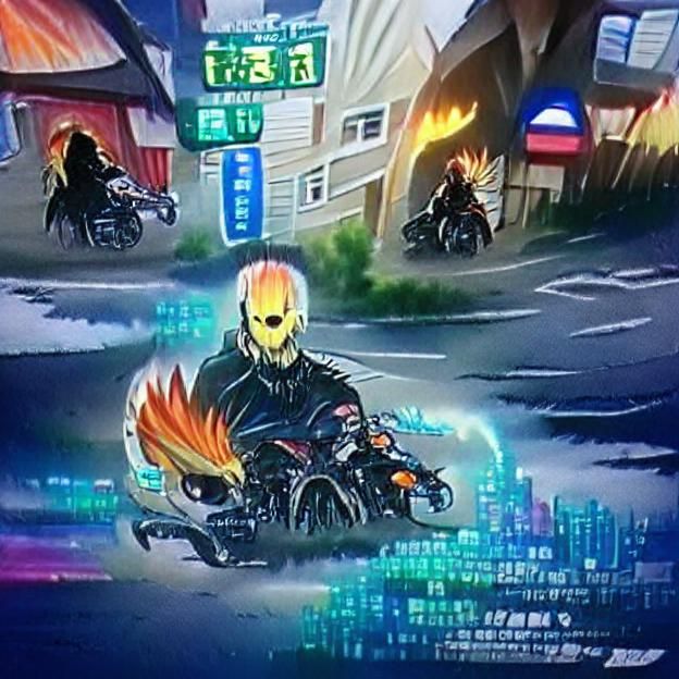 Cyberpunk Ghost Rider on Motorcycle in Neo-Tokyo