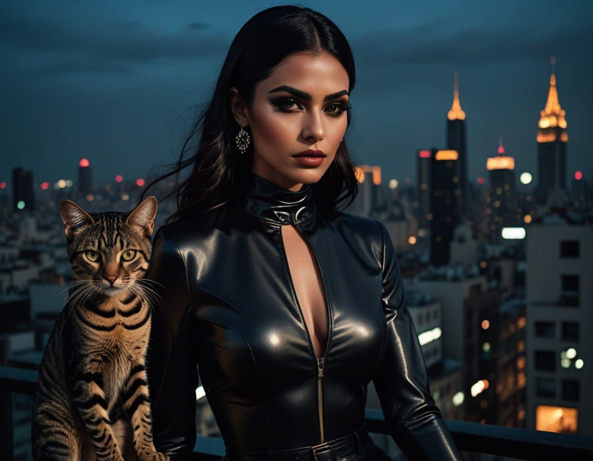 Arabic Woman in Latex Catsuit on Penthouse Balcony