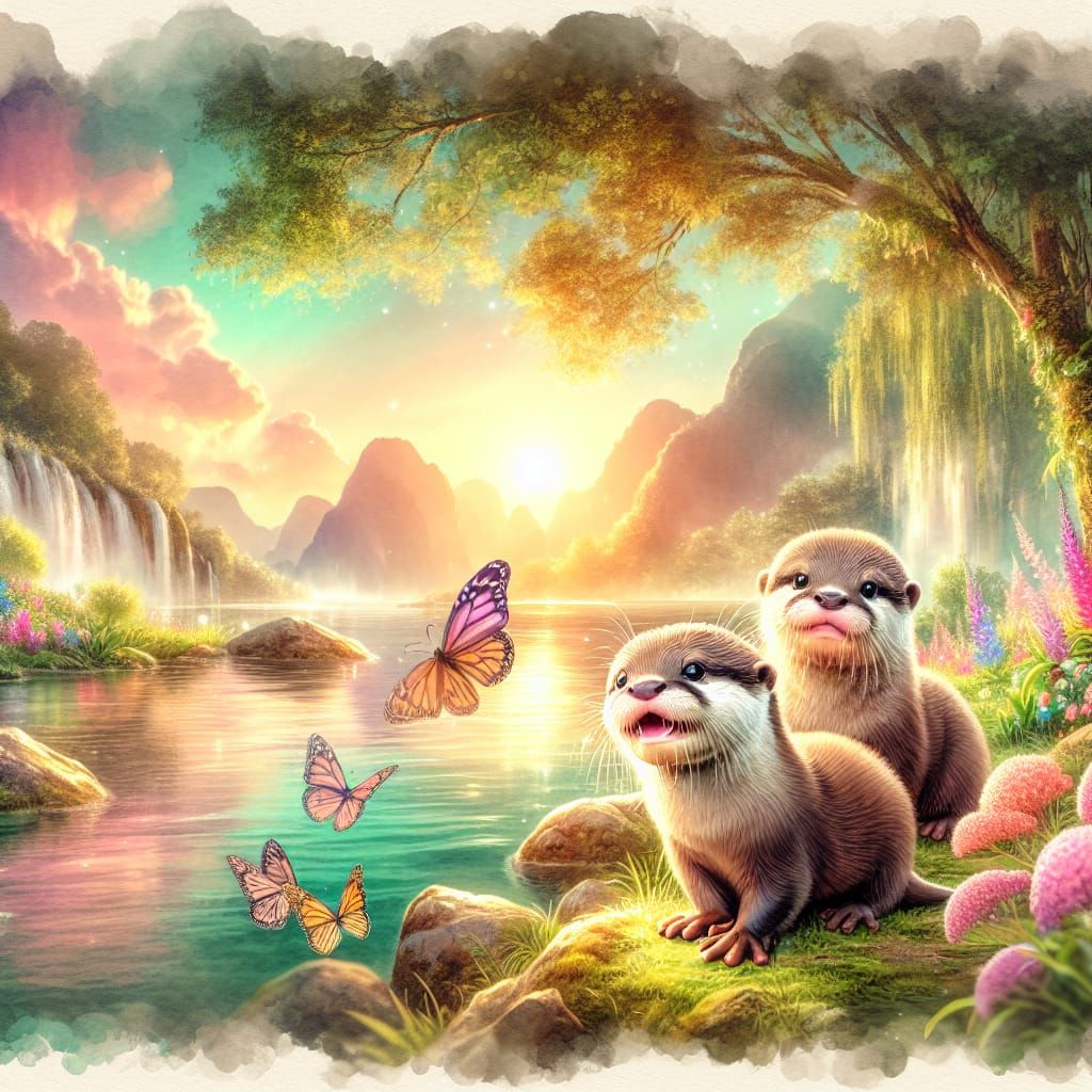 Watercolor Otters in Spring Fantasyscape