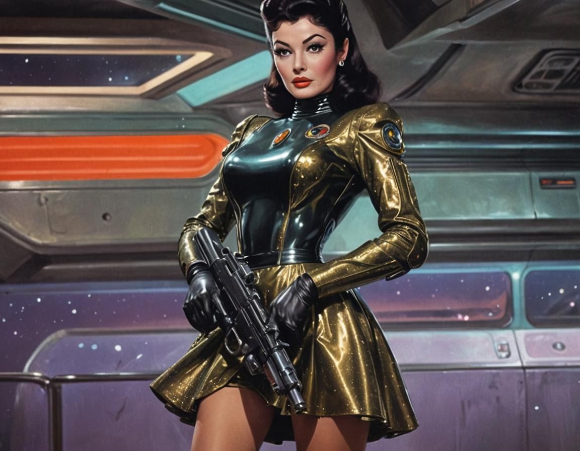 Alien Edwige Fenech Navigates Spaceship in Retro Sci-Fi Styl...
