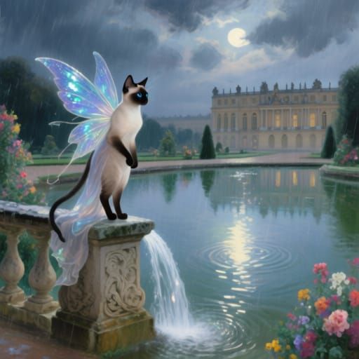Siamese Cat Fairy in Versailles Gardens, Impressionist Style