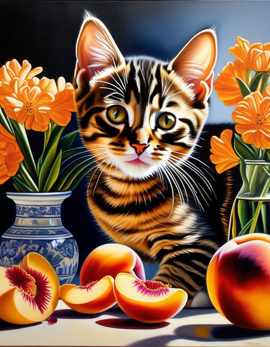 Hyperrealistic Oil Painting of Kitten with Flowers