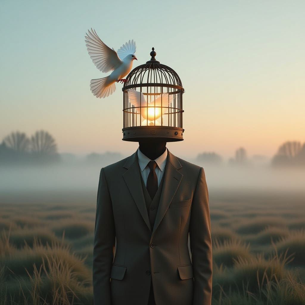 Surreal Birdcage Head in Misty Field
