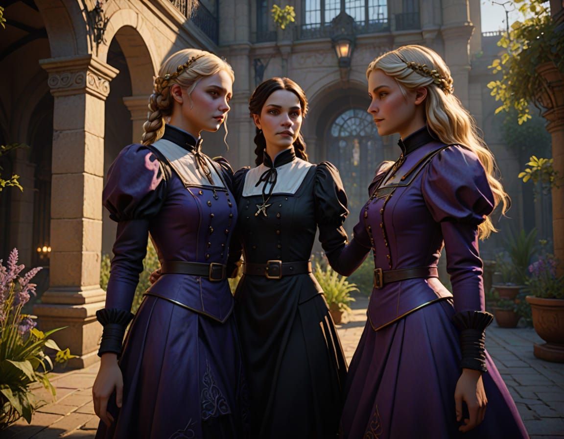 Ethereal Academy Courtyard Scene in Dark Fantasy Style