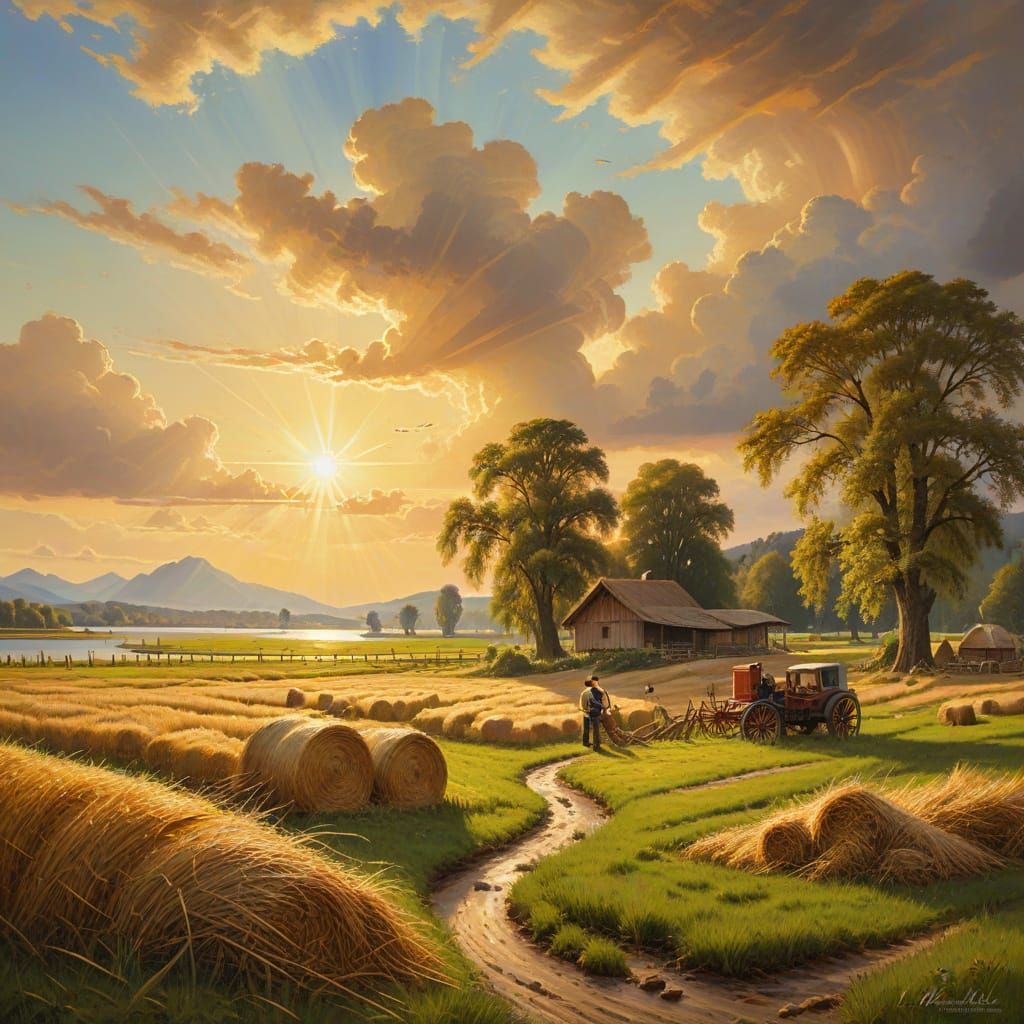 Hay Harvest Landscape Painting with Golden Light