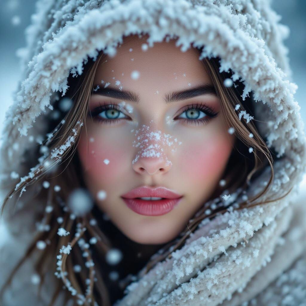 Woman with Frostbite Makeup in Falling Snow