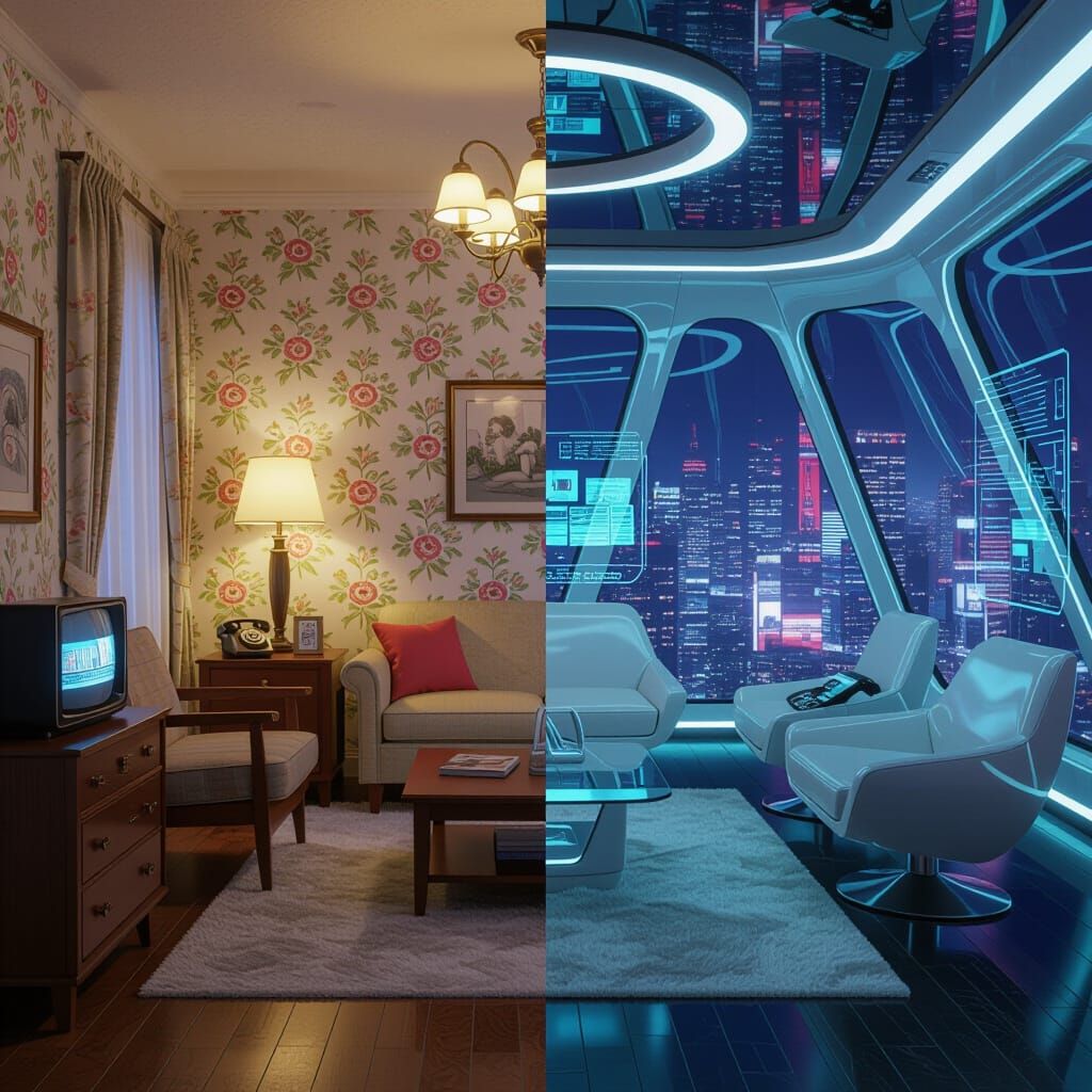 1950s Meets Futuristic Living Room Fusion