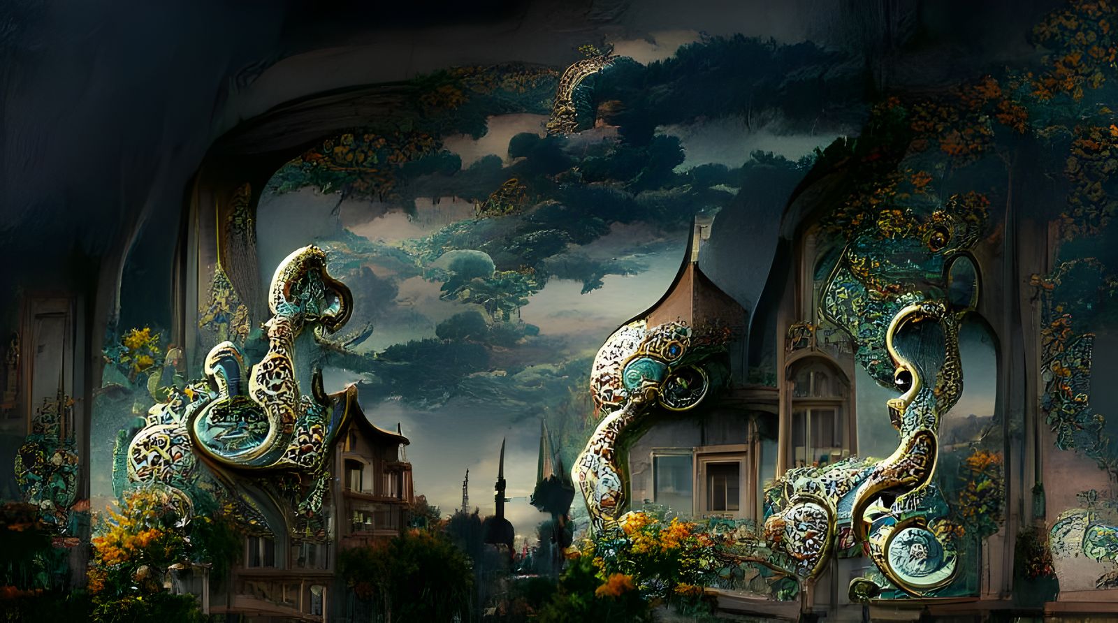 Gilded Chinese Porcelain City in Pixar Style