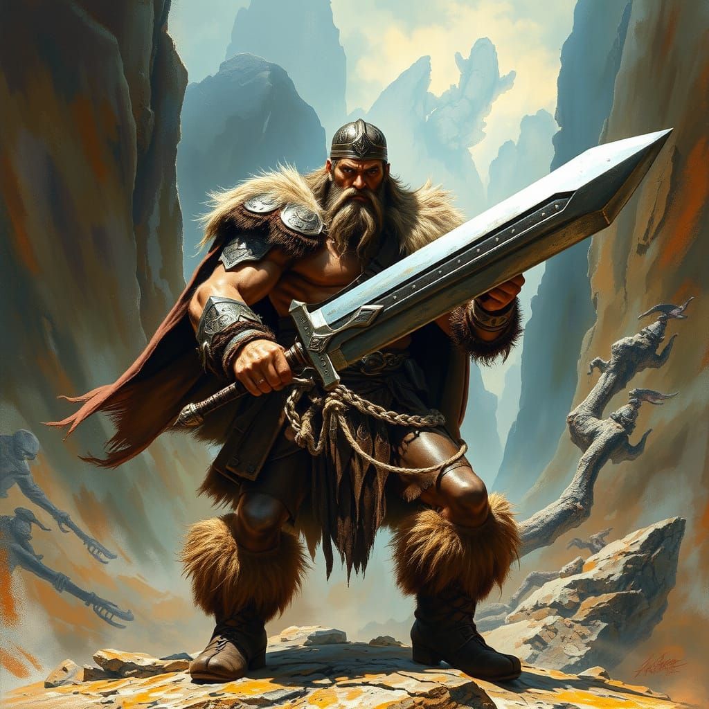 Barbarian Warrior in Mythic Landscape, in Frazetta Style