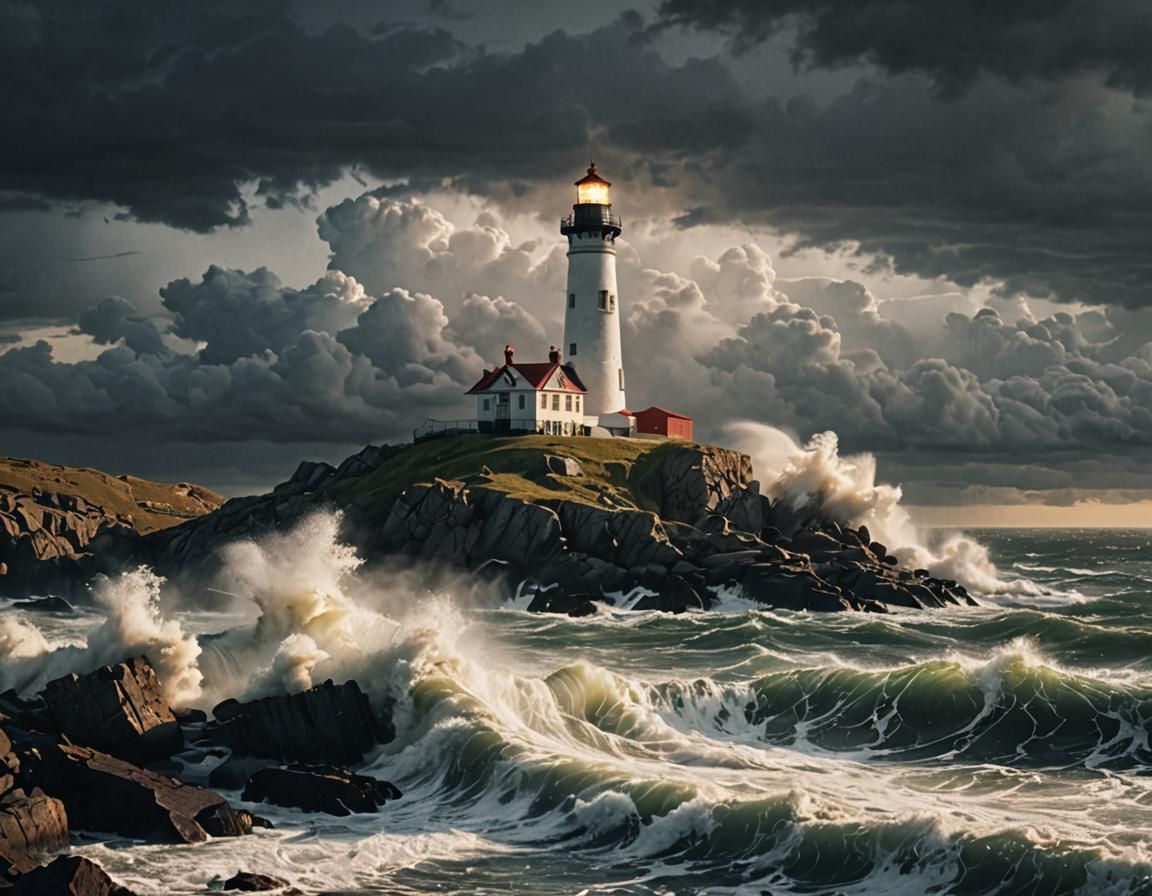 Dramatic Lighthouse on Stormy Coast at Golden Hour