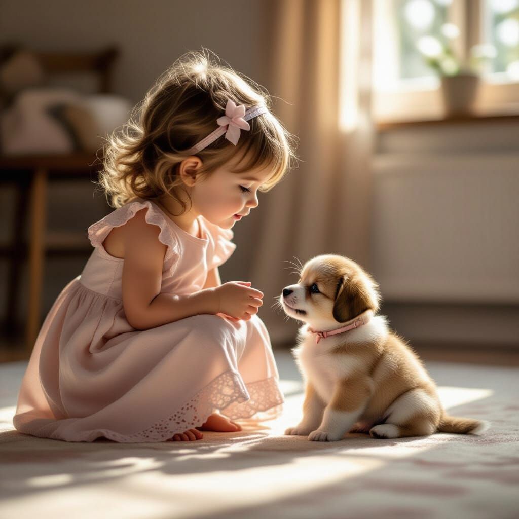 Little Girl in Pink Dress Talks to Puppy, Hyperrealistic