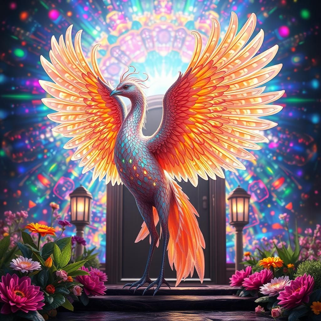 Majestic Pearlescent Phoenix in Rainbow Garden: Digital Art