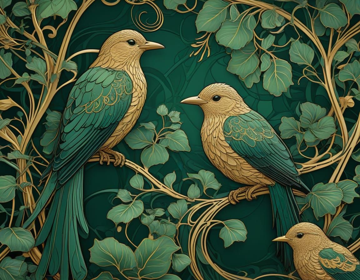 Green, art Nouveau, birds