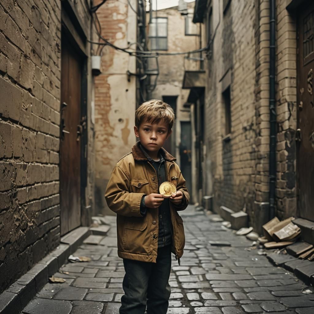 Boy with Golden Coin in Cinematic Alleyway