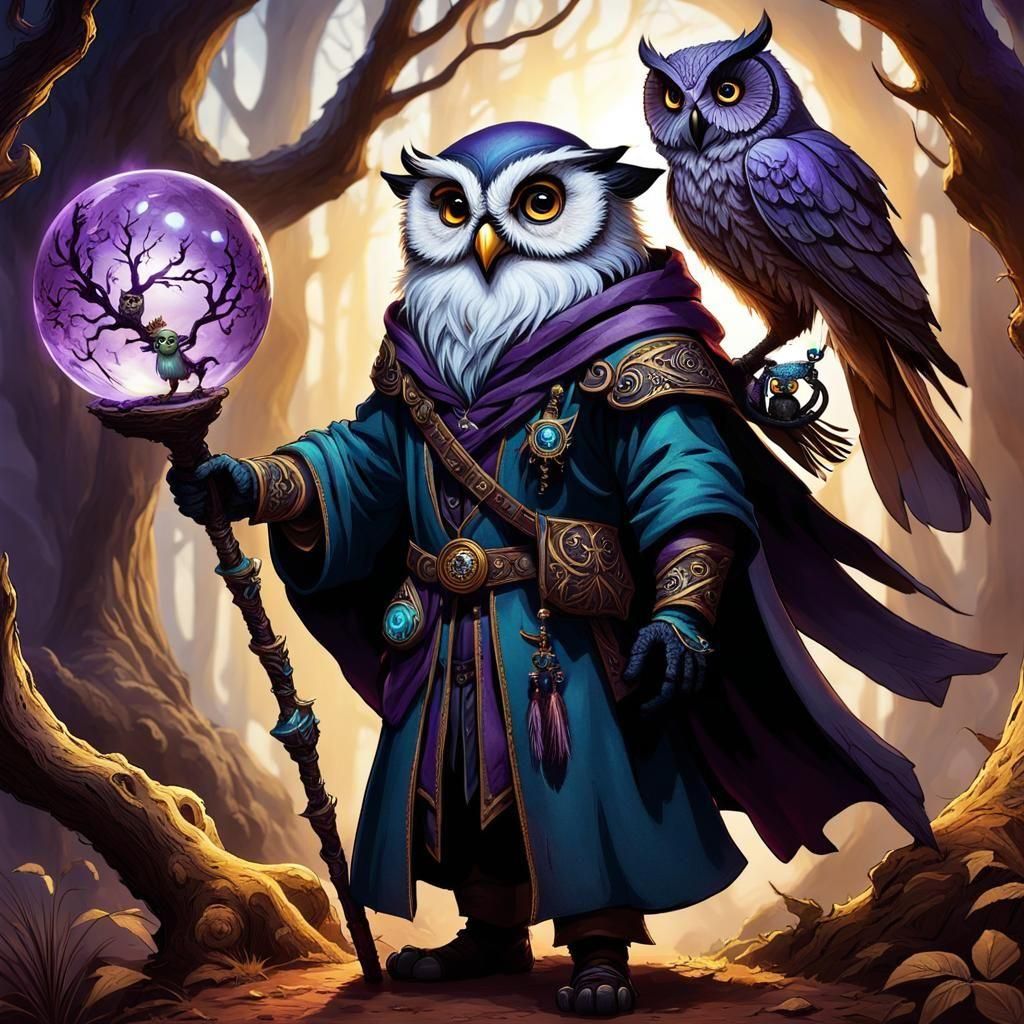 Halfling Mage with Owl and Crystal Ball Staff