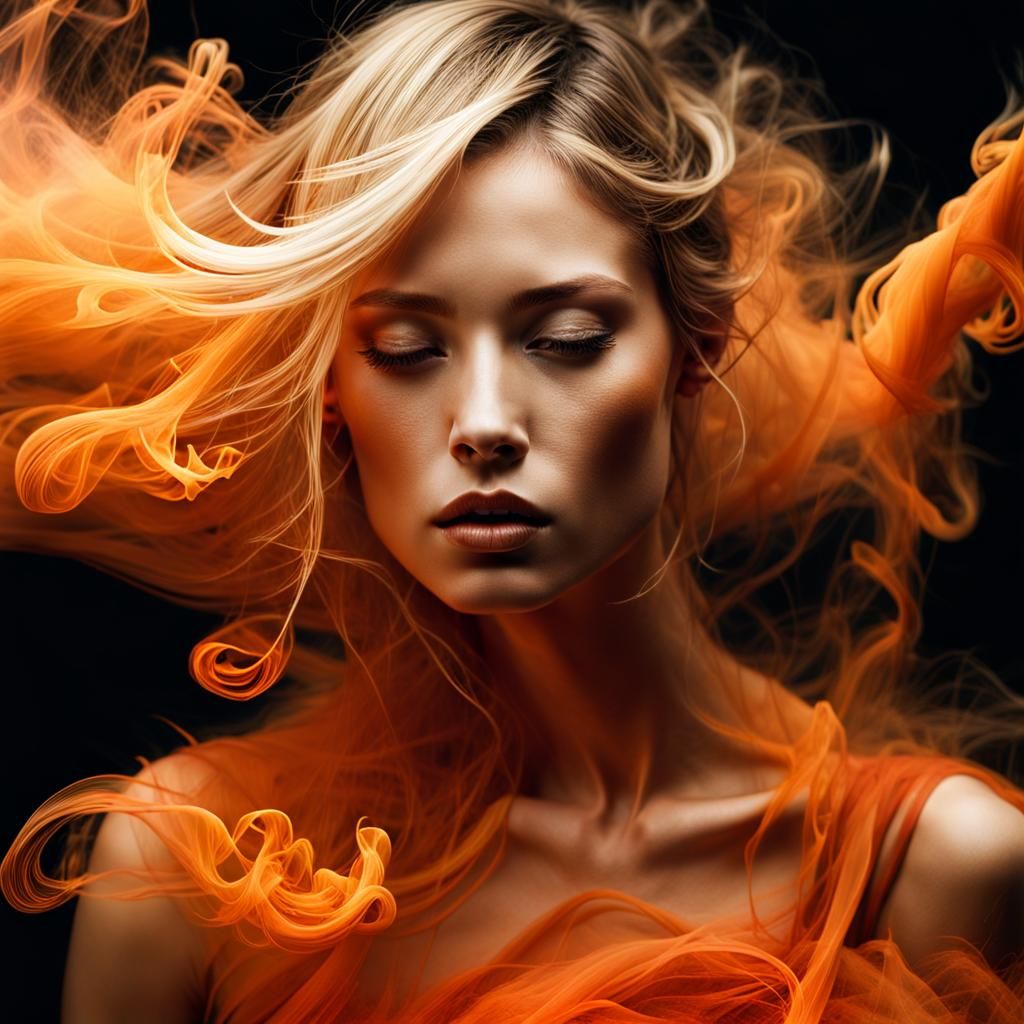 Woman Dissolving into Swirling Orange Smoke