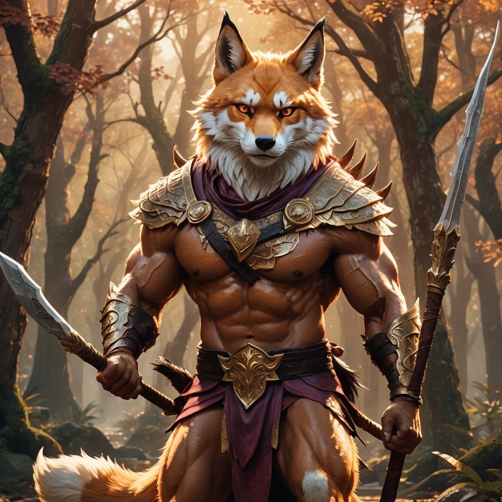 Kitsune Barbarian with Spear: Hyper-Realistic Digital Art