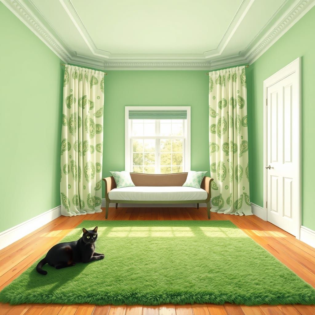 Jade Room with Paisley Curtains, Illustrated Style
