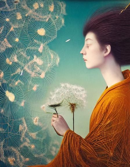 Woman and Dandelion in Fairytale Wind