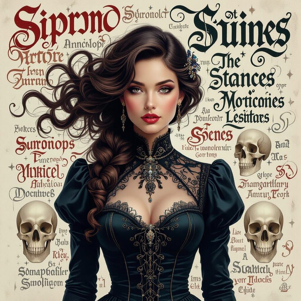 Woman Surrounded by Words and Mystical Symbols