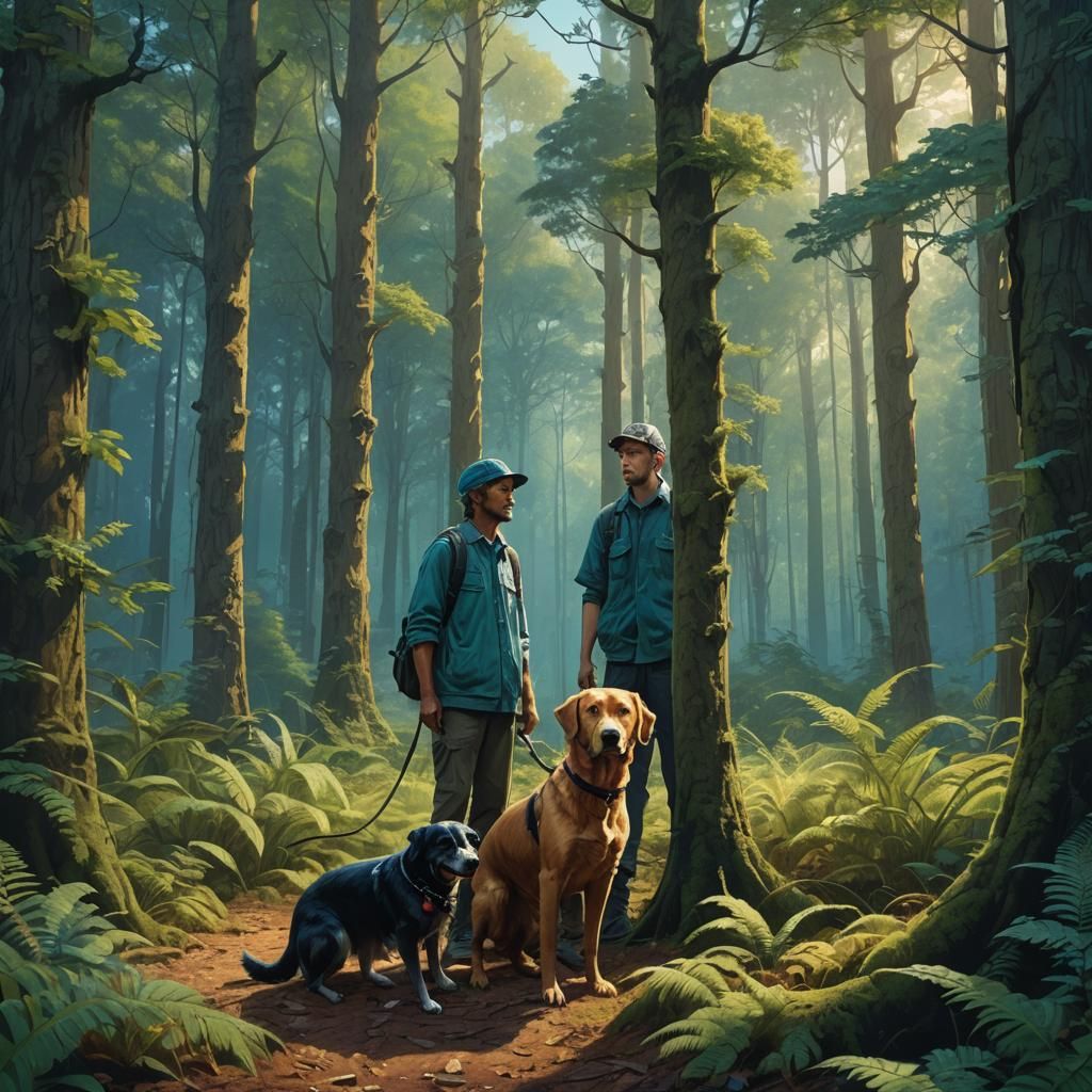 Dog and Owner in Lush Fantasy Forest