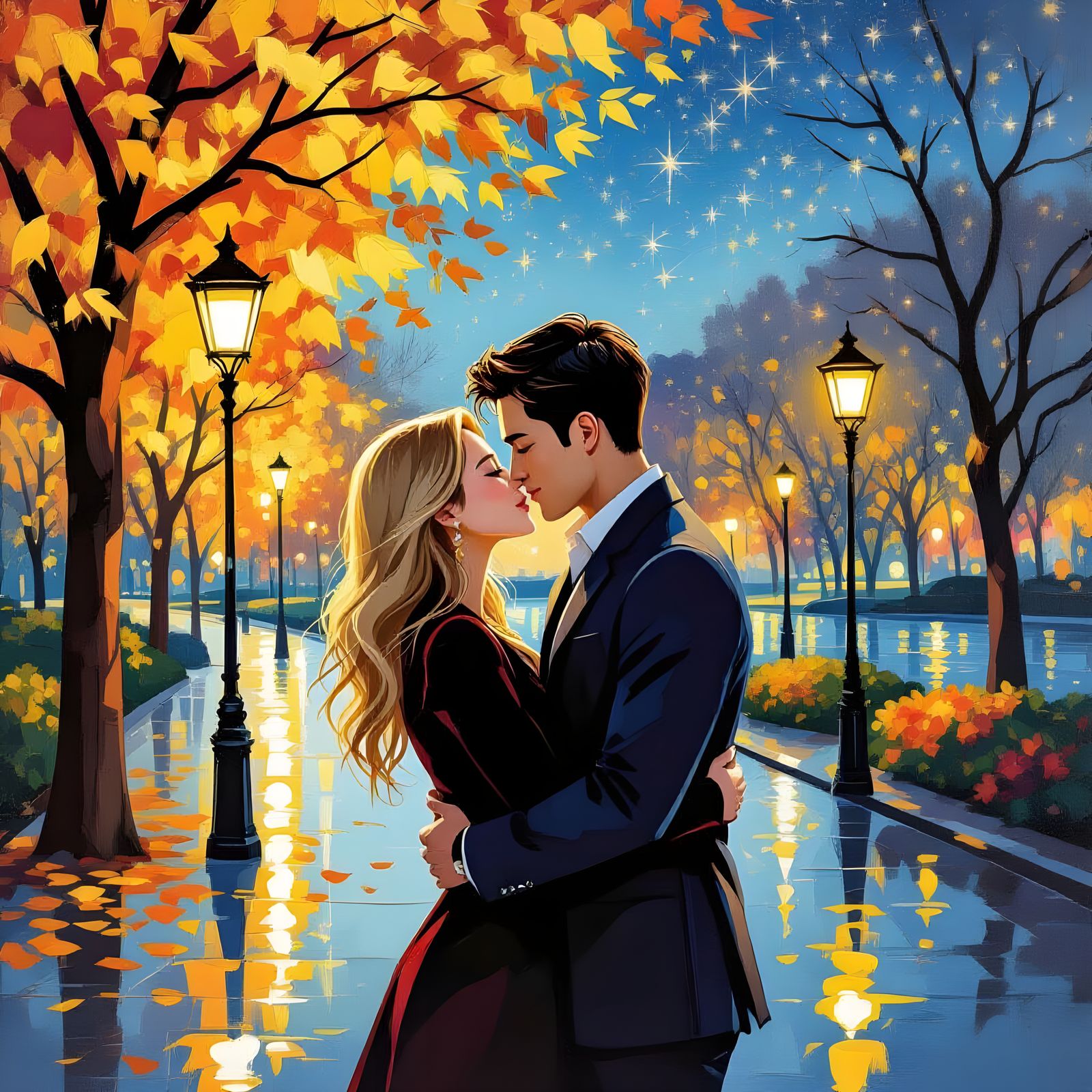 Romantic Kiss in Noir Style Oil Painting