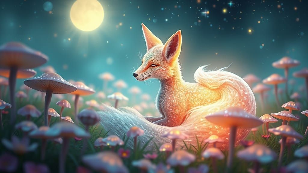 Celestial Fox-Spirit in Mushroom Field, Digital Art
