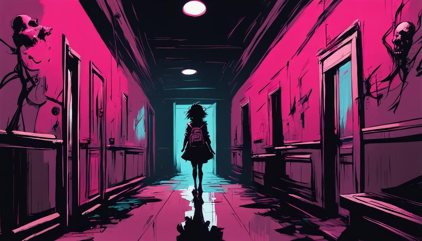 Creepy Doll in Dark School Corridor