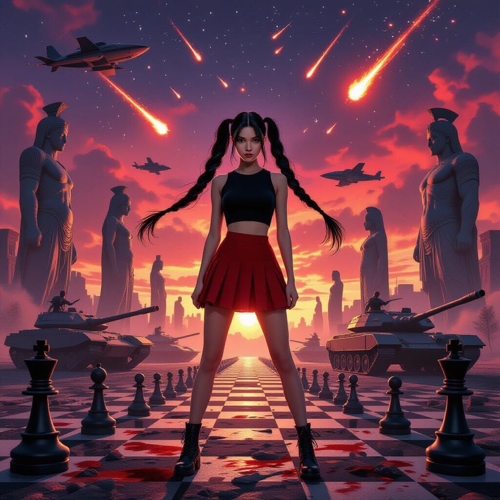 Surreal Vision: Woman on Battlefield Amidst Time-Stopped War